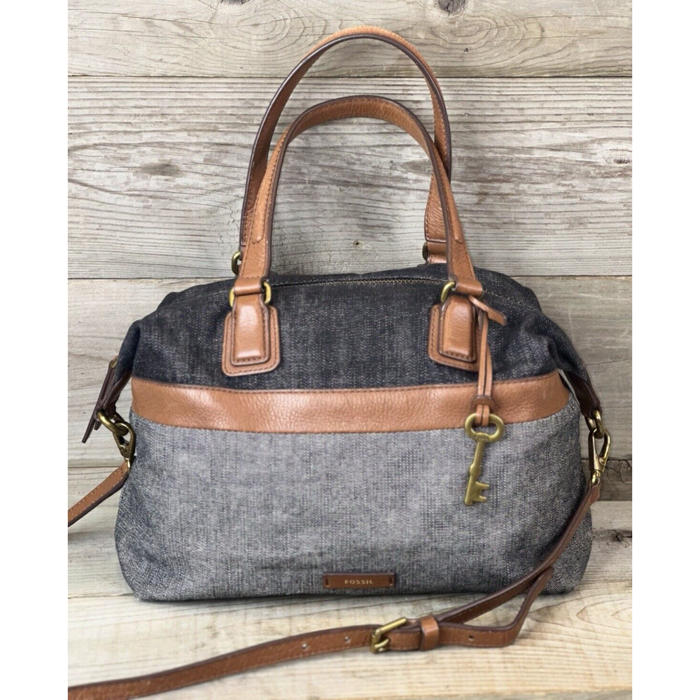Fossil Julia Two-Toned Black Gray Denim Brown Leather Trim Handbag Crossbody